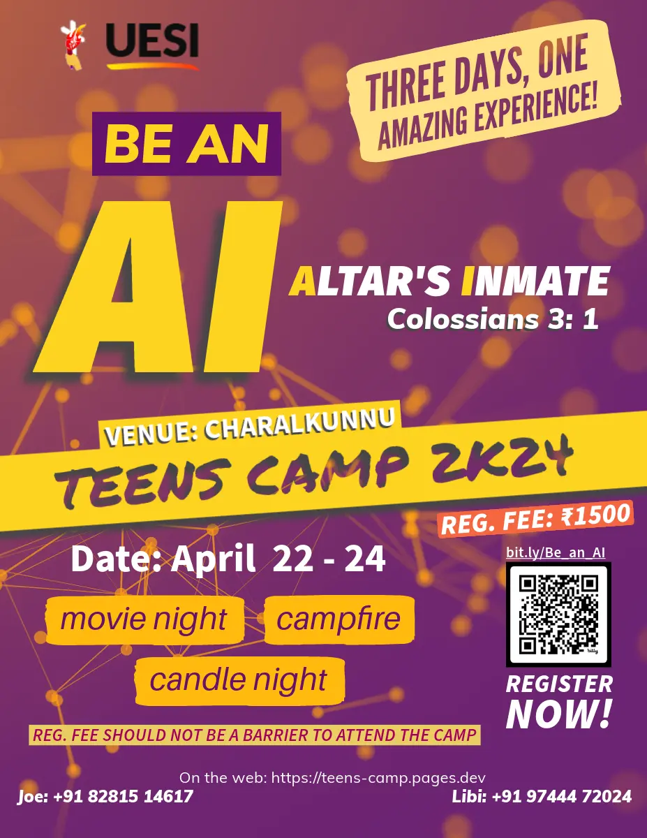 The flyer of the camp. Be An AI Camp will be held from April 22-24. Registraton fee is Rs. 1500. There will be campfire, movie night and candle night. This is the main information in the poster.